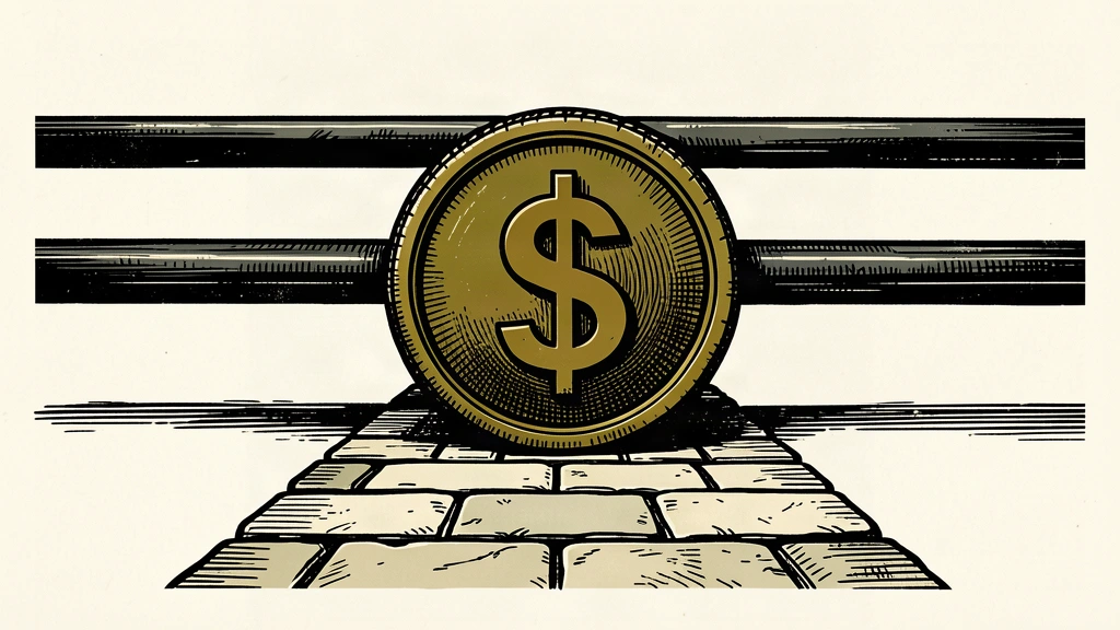 A dollar coin sits on a narrow path between two horizontal iron bars representing a trading range.