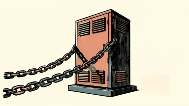 Bloom Energy stock under pressure from AI debt fears: a large industrial fuel cell unit is bound by a heavy, taut metal chain.