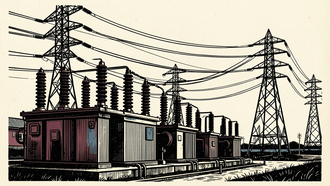Black Hills Corp power agreements: a large electrical substation with transformers and transmission towers connected by power lines.