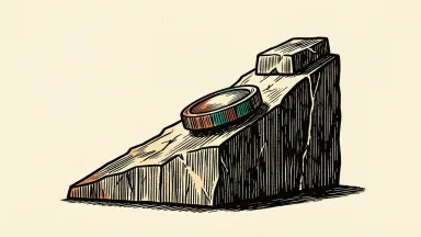 Coinbase Global under positive analyst coverage: a large, blank coin rests against a rising stone block on an upward path.