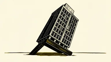 Autodesk valuation outlook: a solid architectural model of a skyscraper being tilted upward by a thick support beam wedged under its base.