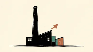 US industrial production rose in September, shown as a factory silhouette with an upward arrow.