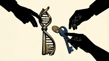 Korro Bio inducement grants for new employees: a large key with a DNA helix handle rests on a surface as two smaller keys are added by silhouetted hands.