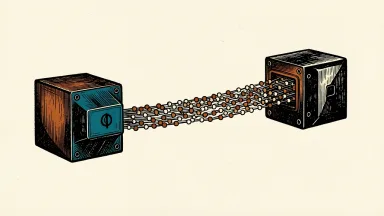 IonQ quantum interconnect: two hardware modules linked by a fiber optic cable carrying a dense, rapid stream of light beads.