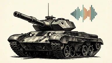 General Dynamics Land Systems integrating natural language control: a heavy combat tank beside a stylized sound wave icon.