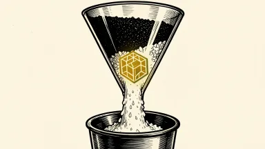DuPont sugar purification: dark raw sugar grains pass through a glowing digital tile and emerge as bright white crystals in a large industrial funnel.