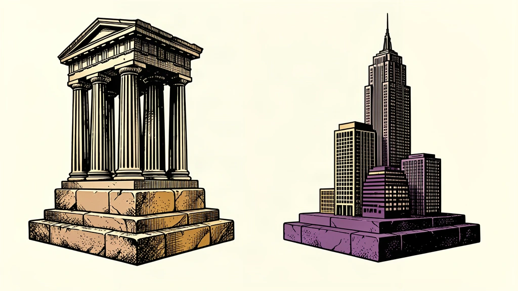 An editorial illustration showing two separate stone foundations, one holding classical government columns and the other a modern economic tower, separated by a clear gap.