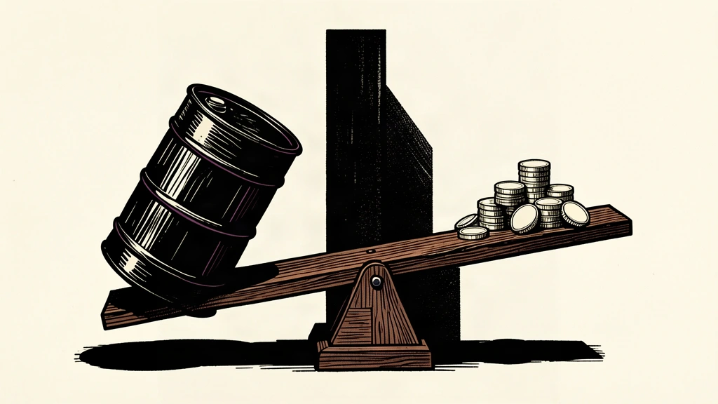 An editorial illustration showing a heavy oil barrel weighing down one side of a scale, causing a group of coins on the other side to slide upward and away.