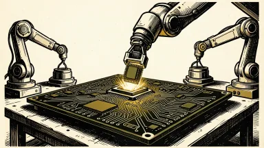 Jabil beats earnings estimates and raises guidance: a robotic assembly arm places a microchip onto a large industrial circuit board.