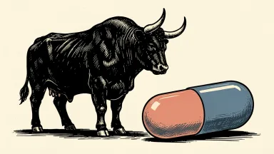 Electra Therapeutics coverage initiated with a Buy rating: a large bull silhouette stands beside a medicinal capsule.