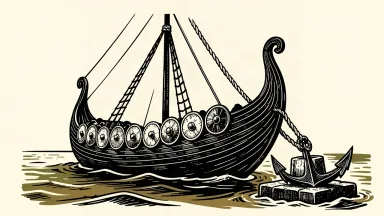 Viking cruise line's early booking strength providing stability: a Viking longship remains steady against a gust of wind, tethered to a heavy anchor on a stone pedestal.