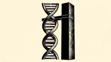 Intellia Therapeutics price target set by Barclays: a vertical DNA helix marked at a specific height by a structural beam from a solid pillar.