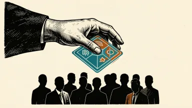 ManpowerGroup leadership transition and AI focus: a large hand connects a glowing digital tile to a group of workers.