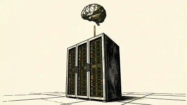 CoreWeave and Nvidia Vera Rubin NVL72: A massive server rack connects via a single cable to a floating geometric brain.