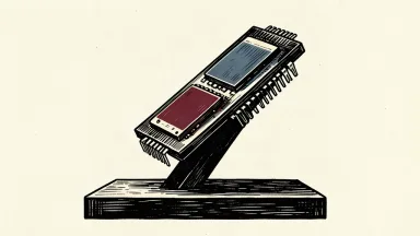 A conceptual illustration of a memory chip being lifted at a steep upward angle by a structural beam, representing high growth potential.