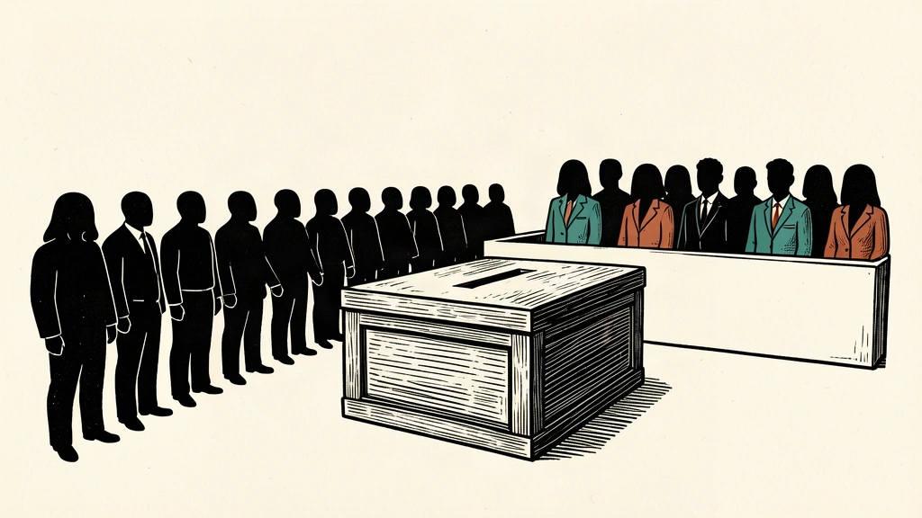An editorial illustration showing a line of people being prioritized at a ballot box while others are separated by a barrier.