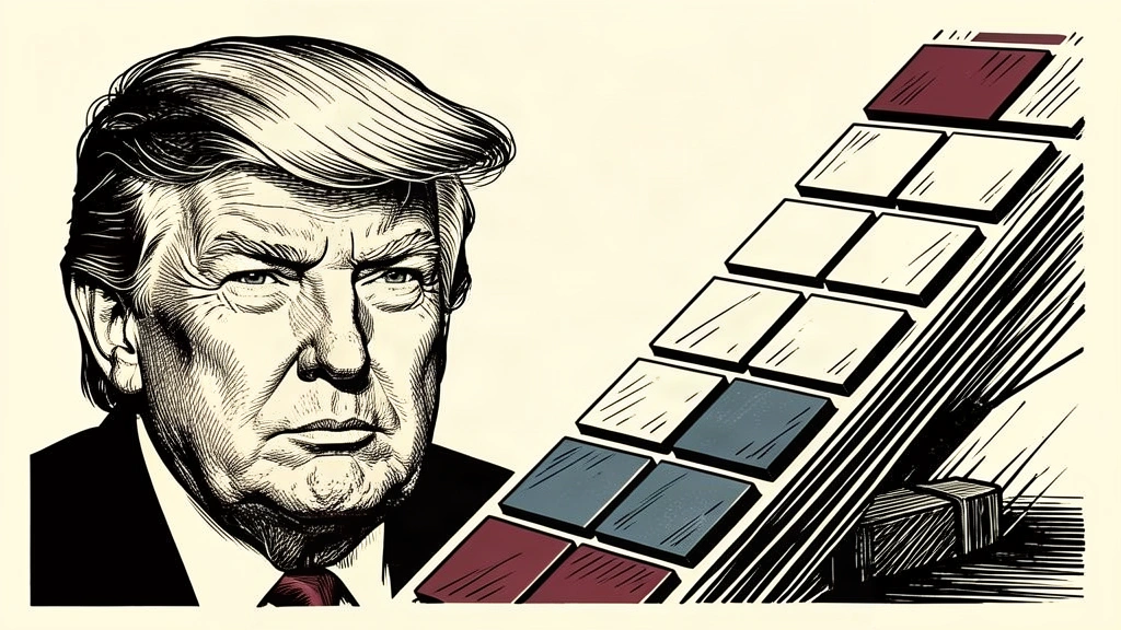 An editorial illustration showing a portrait of Trump next to a fast-moving stream of data tiles that bypasses a moved barrier, symbolizing the rejection of AI regulation in favor of speed. Identity photo references adapted into illustration: Daniel Torok (Public domain; https://commons.wikimedia.org/wiki/File:Official_Presidential_Portrait_of_President_Donald_J._Trump_(2025).jpg); source https://commons.wikimedia.org/wiki/File:Official_Presidential_Portrait_of_President_Donald_J._Trump_(2025).jpg