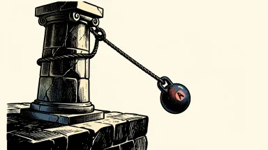 Oracle credit rating under pressure: a large stone pillar on a ledge is pulled toward a drop by a heavy weight on a cable.
