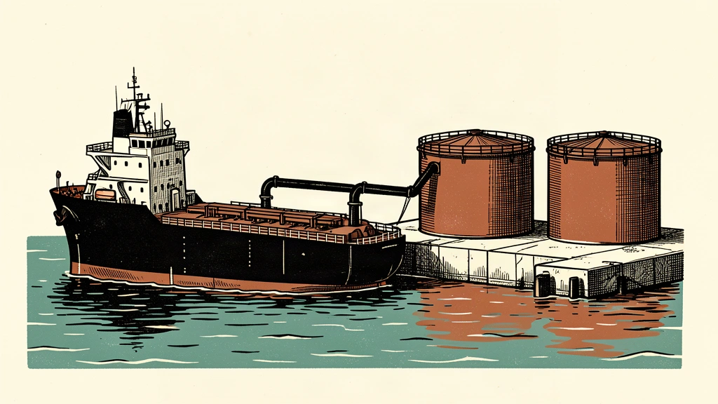 A heavy oil tanker is moored at a dock, connected by thick pipes to a row of large, flat-topped industrial storage tanks.