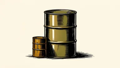 Oil prices rise as a large oil barrel stands with smaller barrels leaning against it.