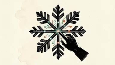 Snowflake hires database expert Jeff Naughton: a large geometric snowflake with an internal network of glowing nodes being adjusted by a silhouetted hand.