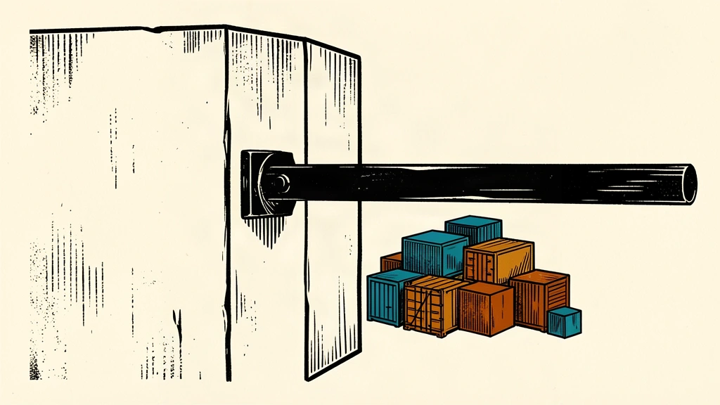 A conceptual illustration showing a single protective beam extending from a solid wall to cover a group of shipping containers.