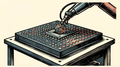 AMD acquiring World Labs: a large computer processor receiving a new geometric core delivered by a robotic arm.