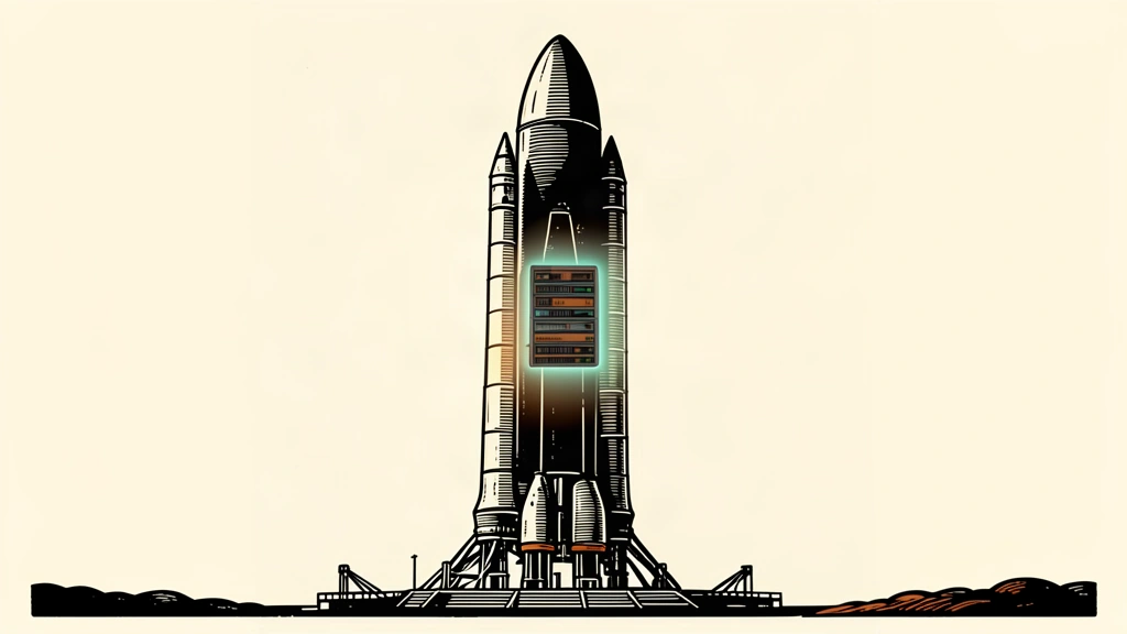 An editorial illustration of a SpaceX rocket on a launchpad with an Nvidia AI server rack visible inside its payload section.