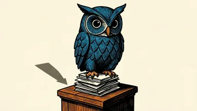 Blue Owl stock declines as redemption requests pile up, depicted by a carved owl with paper slips at its base.
