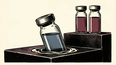 Novavax stock underperforming peers: a single pharmaceutical vial sinks into a soft surface while three other vials remain upright on a higher ledge.