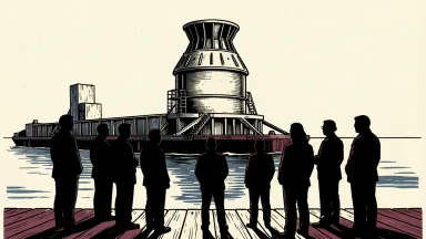 BWXT BANR microreactor for a Canadian transportable nuclear plant: a compact reactor vessel on a transport barge moored at a pier with silhouetted figures.