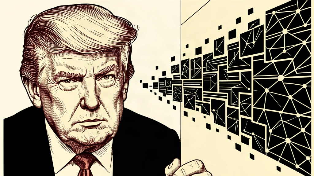 An editorial illustration showing Donald Trump blocking a wave of digital data tiles with a solid barrier. Identity photo references adapted into illustration: Daniel Torok (Public domain; https://commons.wikimedia.org/wiki/File:Official_Presidential_Portrait_of_President_Donald_J._Trump_(2025).jpg); source https://commons.wikimedia.org/wiki/File:Official_Presidential_Portrait_of_President_Donald_J._Trump_(2025).jpg