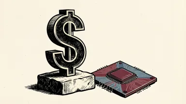 The US dollar stabilizes: a large dollar symbol stands firmly on a stone pedestal next to a geometric AI chip.
