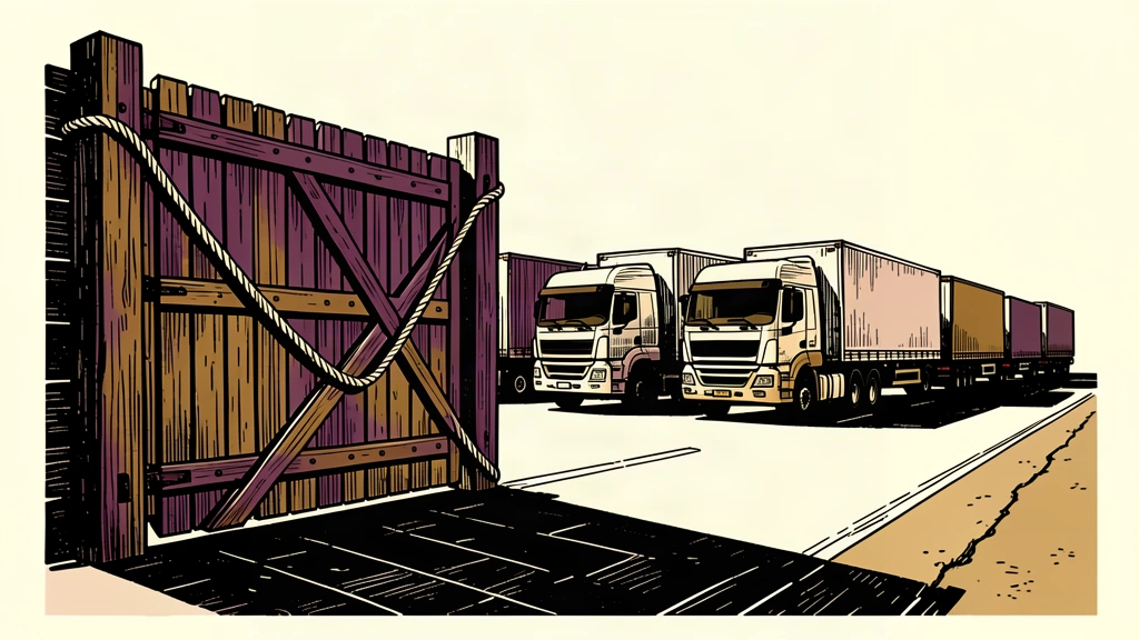 An editorial illustration showing a heavy wooden gate being prepared to block a road where cargo trucks are waiting.