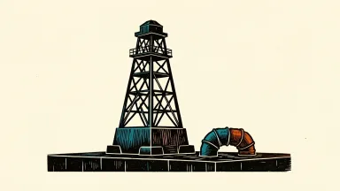 Occidental's oil derrick stands firm beside a pipeline with a small gap, indicating temporary downtime.