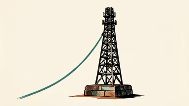 AT&T reaffirms its financial outlook: a telecommunications tower anchored by a heavy stone block representing its capital plan.