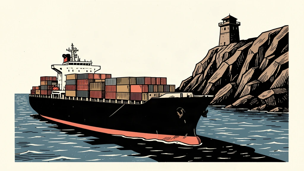 An editorial illustration in a carved-ink style showing a large cargo ship navigating a narrow channel next to a high, rocky island topped with a dark watchtower silhouette, whose shadow falls across the ship's path.