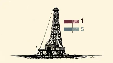 Helmerich & Payne rig count meeting guidance: an oil rig stands beside a gauge with a needle pointing to the center of a marked range.