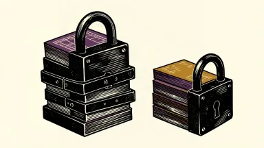 An editorial illustration showing a large padlock secured around a stack of microchip wafers, with another lock ready to secure a second stack.
