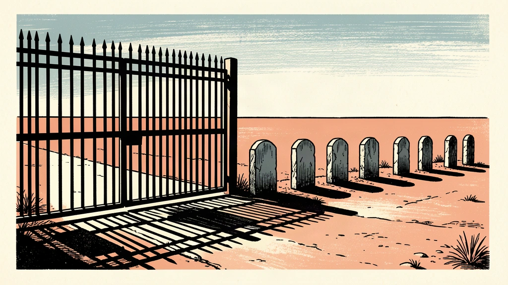 An editorial illustration of a closed iron gate in a desert with sixteen stone markers lined up beside the road, symbolizing sixteen months of zero releases.