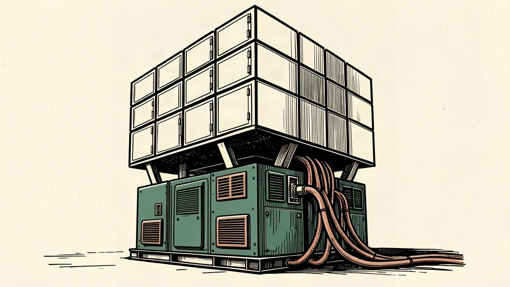 An editorial illustration showing a large industrial generator supporting a massive data center structure.