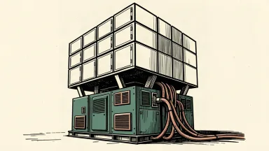 An editorial illustration showing a large industrial generator supporting a massive data center structure.