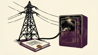 NextEra Energy settlement: a large electrical transmission tower connected by a cable to a secure vault, with a sealed legal document at its base.