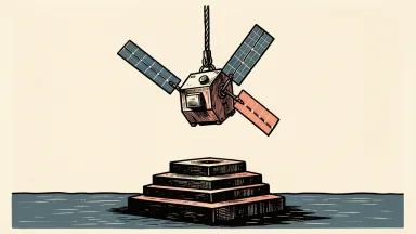 WISeQey subsidiary WISeSat.Space lists on Nasdaq: a satellite with solar panels is lowered onto a solid stone pedestal by a thick cable.
