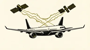An editorial illustration of a commercial jet flying under a distorted, wavy satellite signal to represent GPS instability.