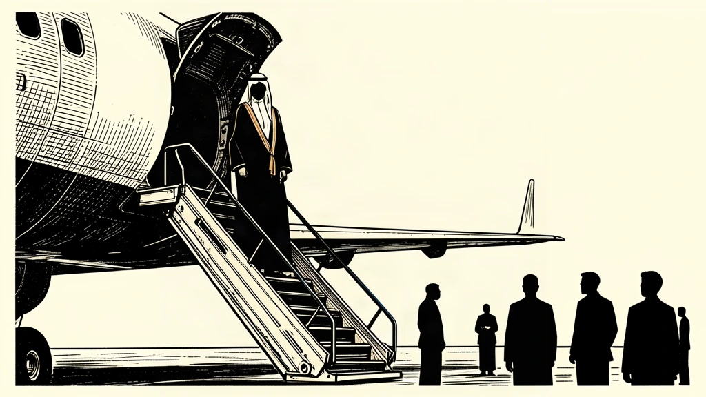 A silhouette of a Saudi diplomat in a traditional ghutra and agal standing at the top of aircraft stairs upon arrival.