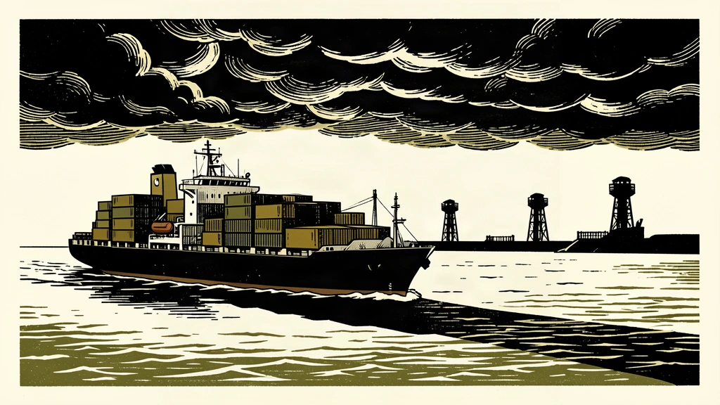 An editorial illustration showing a large cargo ship sailing safely in the foreground while dark, watchful towers stand along a distant, shadowed coastline under a heavy sky.
