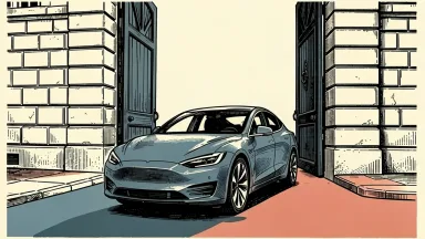 Tesla's FSD Supervised approval in Croatia: an electric car passes through a wide-open stone gateway onto a clear road.
