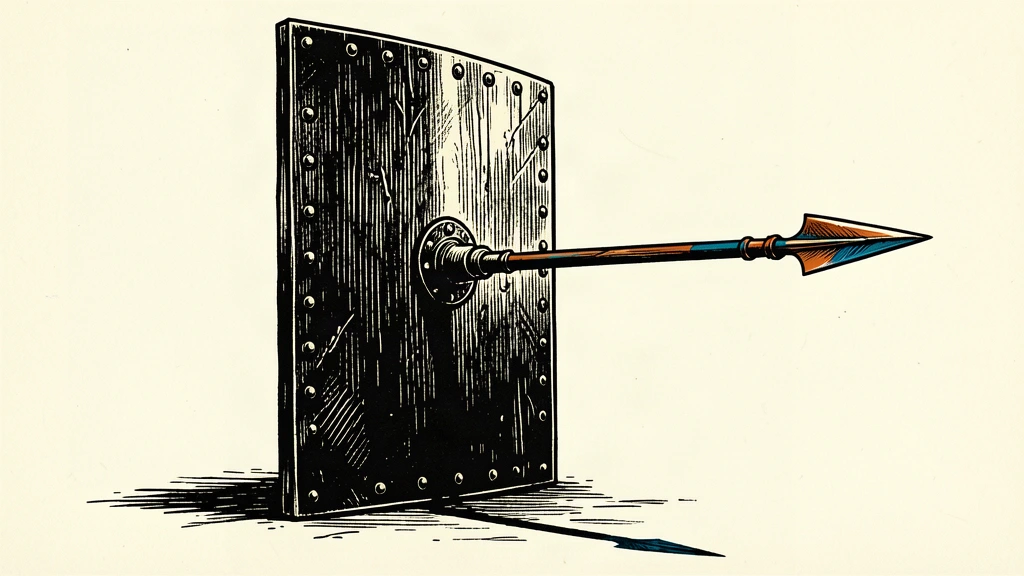 An editorial illustration of a massive iron shield and a single spear held in a state of high tension, representing a warning and defensive posture.