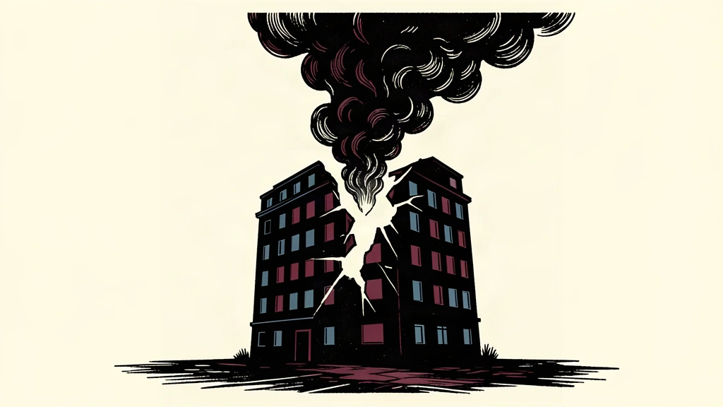 An editorial illustration showing a building silhouette being struck and rupturing with a rising smoke plume.